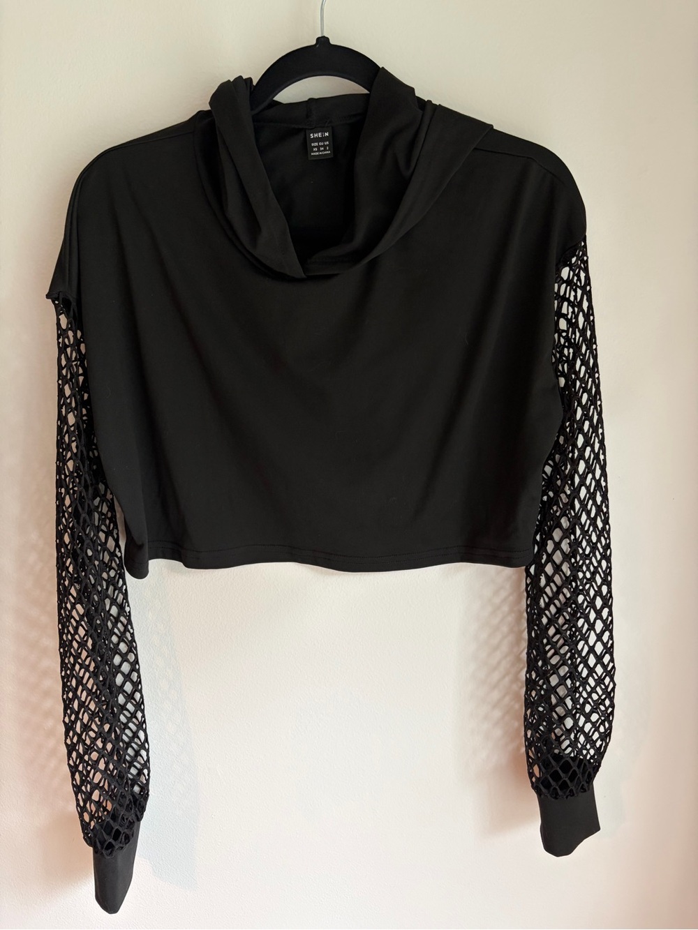 Black Cropped Hoodie with Mesh Sleeves
